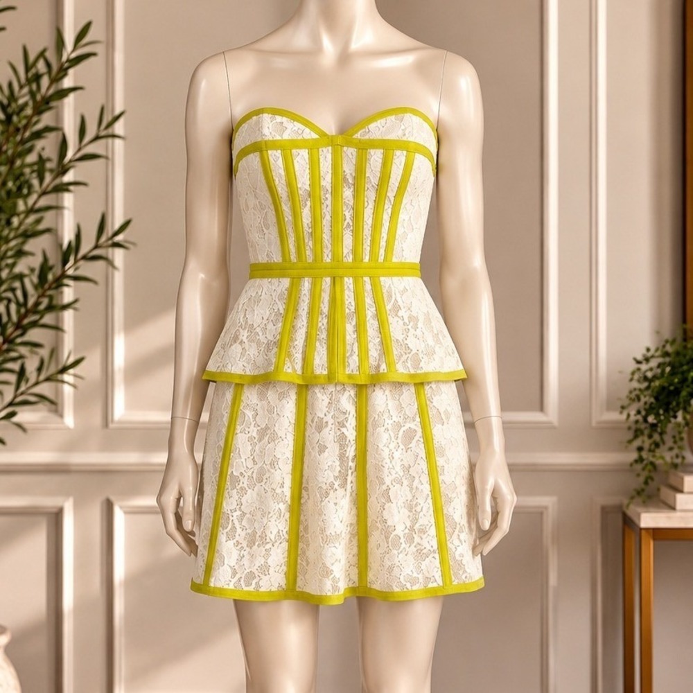 BCBGMAXAZRIA Womens Dress Kellyn Lace Peplum Neon Trim Off White 4